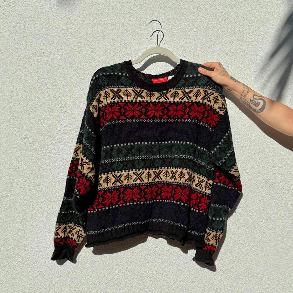 VTG Liz Claiborne 90s Fair Isle Knit Boxy Nordic Cropped Holiday Sweater - Picture 1 of 6